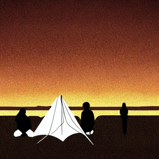 Prompt: sad people gathered around a camp fire at night, dark background, digital art