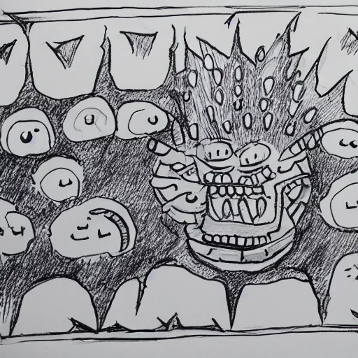 Image similar to very simple line drawing of a furnace with spiky toothed demons around it, pen on paper simple drawing by a 7 year old, no shading