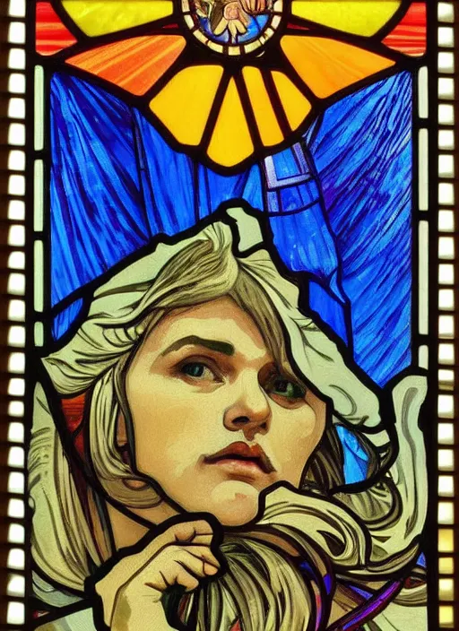 Prompt: stained glass portrait of gerard way, anjali mudra, alphonse mucha, van gogh, tarot, vivid, holy, smooth, golden light