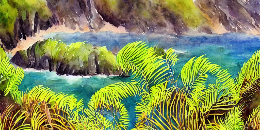 Image similar to golden bay new zealand, abel tasman, native NZ bush ferns, colorful watercolor painting, trending on artstation