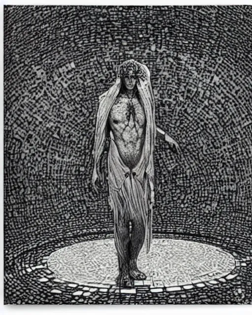 Prompt: a druid standing in a circle at the beginning of the world by virgil finlay