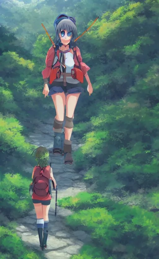 Image similar to an anime girl in the foreground hiking the Appalachian Trail alone, exaggerated three point perspective, beautiful anime scene, trending digital art, 4k ultra