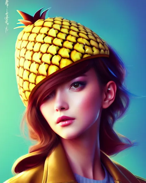 Prompt: pineapple girl wearing a candy hat and leather jacket, fine detail!! anime!! realistic shaded lighting!!, kim hyun joo, digital painting by ilya kuvshinov, magali villeneuve, artgerm, jeremy lipkin and michael garmash and rob rey