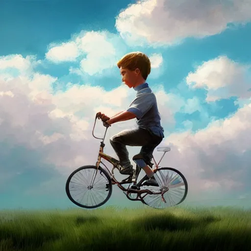 Image similar to A whimsical painting of a boy riding a bicycle in the sky, flying through the clouds, digital art, artstation, Mandy Jurgens, CGSociety, WLOP