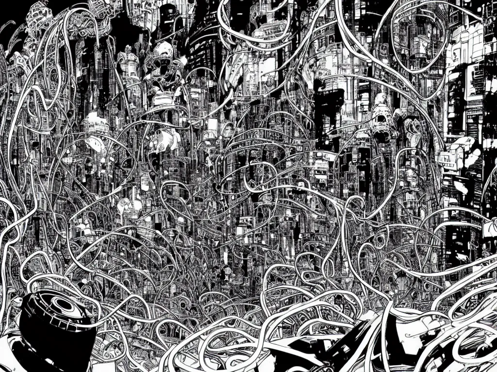 Image similar to cyborg monsters with tentacles and wires in detailed huge cybernetic mega city in space, black and white, by nihei tsutomu