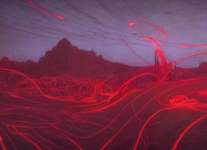 Image similar to Landscape, neon, red, glowing, wires everywhere, by Edgar Maxence and Ross Tran, Zdzisław Beksiński, and Michael Whelan, distant, gustav dore, H.R. Giger, 8k, octane render