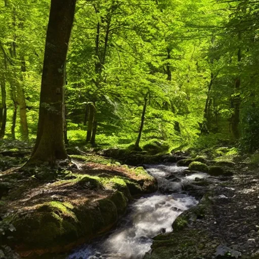 Image similar to There is a stream flowing through a peaceful forest. The sun shines through the trees, dappling the ground with light. The stream babbles gently.