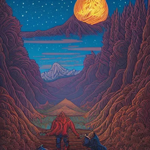 Prompt: 🐺 🪦 🌛 🌋 by dan mumford, oil on canvas