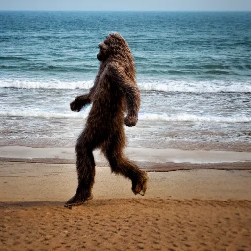 Image similar to photo of a Bigfoot at the beach in Tel Aviv, 50mm, beautiful photo