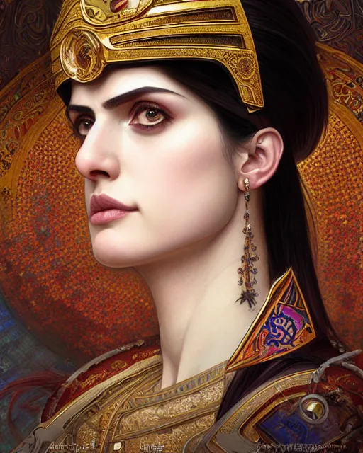 Prompt: portrait of a turkish masculine female alexandra daddario cyberpunk machine, machine face, upper half portrait, decorated with ottoman opera motifs, muscular, asian, fine china, wuxia, traditional chinese art, intricate intense elegant, highly detailed symmetry headpiece digital painting artstation concept art smooth sharp focus illustration, art by artgerm and greg rutkowski alphonse mucha 8 k