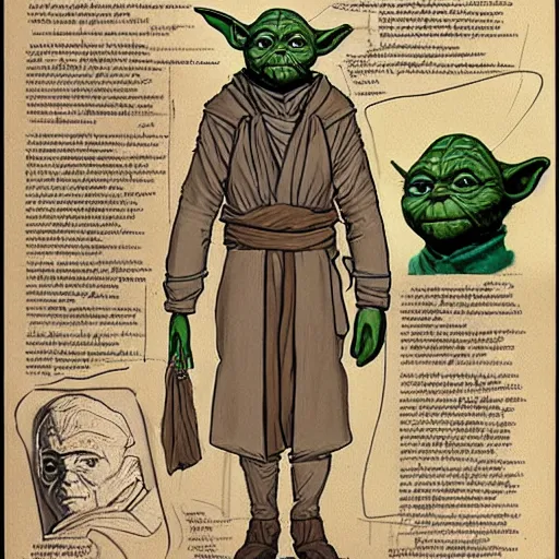 Image similar to Vintage, detailed, colored sketch of Yoda's anatomy, full body, with full descriptions, on parchment