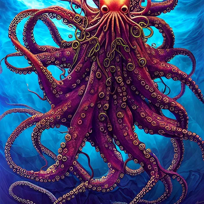 Image similar to depicting an octopus, a submarine with tentacles wrapped around it, in the style of h. p. lovecraft, exuberant organic elegant forms, by karol bak and filip hodas : : 1. 4 purple, red, blue, green, black intricate mandala explosions : : intuit art : : turbulent water backdrop : : damask wallpaper : : atmospheric