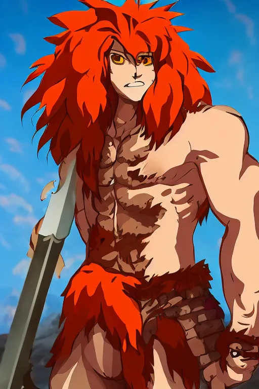 Image similar to muscular lion barbarian wearing a holding a sword, fursona, anthro, male, anime key visual, detailed orange fur, loincloth, makoto shinkai, portrait