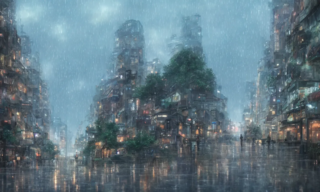 Prompt: the scenery, the movie weathering with you, by makoto shinkai, light effect, rainy weather, highly detailed, city center, 8 k, unreal ungine