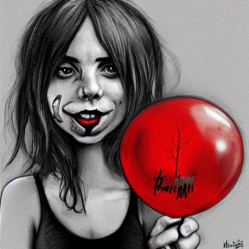 Prompt: surrealism grunge cartoon portrait sketch of billie eilish with a wide smile and a red balloon by - michael karcz, loony toons style, family guy style style, horror theme, detailed, elegant, intricate