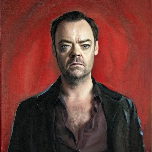 Prompt: mark Sheppard as Crowley, noble portrait, professional painter, oil painting, superior look