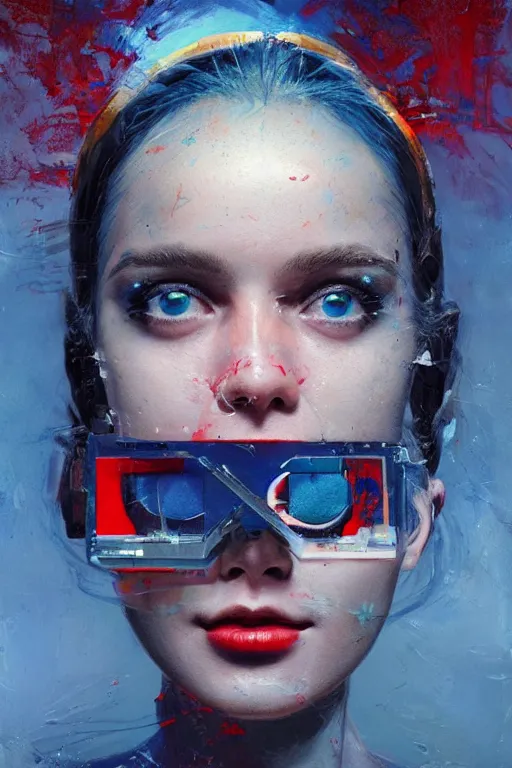 Prompt: 3 d, sci - fi, morning, stanley kubrick smiling fashion model face, blue faces, sun, cinematic, vogue cover style, poster art, light red and deep blue mood, realistic painting, intricate oil painting, high detail, figurative art, multiple exposure, poster art, 3 d, by tooth wu and wlop and beeple and greg rutkowski