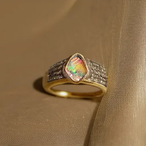 Image similar to a gold ring with an iridescent colored diamond, close up photo, studio photo, realistic, ultra detailed.