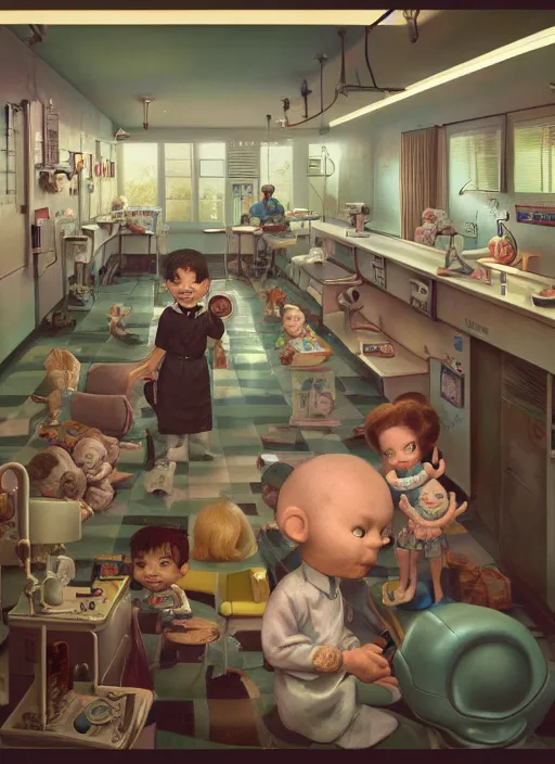 Prompt: highly detailed wide - angle portrait of a retro 1 9 6 0 s hospital, nicoletta ceccoli, mark ryden, lostfish, earl nore, hyung tae, frank frazetta, global illumination, god rays, detailed and intricate environment