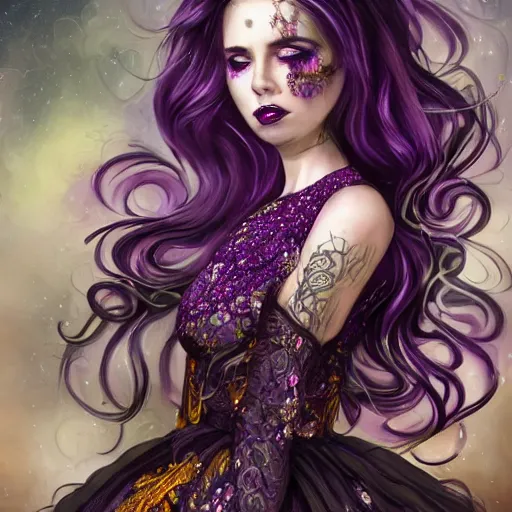 Image similar to beautiful young woman, with purple and gold fire hair, wearing a lace dress with jewels, full colors background, full of detail, majestic, organic, dark fantasy, rotten, sinister, macabre, crazy detailed and complex, super detailed, 8K, 4k,