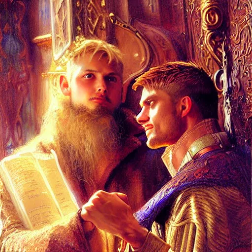 Image similar to attractive, arthur pendragon in love with attractive male, merlin the mage. highly detailed painting by gaston bussiere, craig mullins, j. c. leyendecker