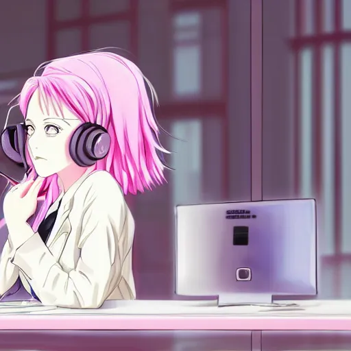 Prompt: high definition anime portrait of an anime girl with pastel colored hair sitting at a desk studying with headphones on, background is a window looking out into a busy Tokyo district, lo-fi art, masterpiece by Hirohiko Araki, trending on artstation, sharp high quality anime, digital art, photoshop, proportionate, ambient lighting, clear facial festures