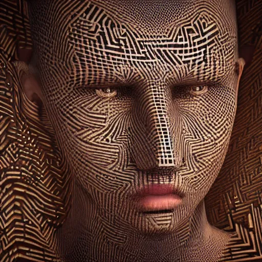 Image similar to : human with maze pattern skin all over hyper detailed art station  dalle2 3d render unity gigapixel  unrealengine trending on artstation,cinematic, hyper realism, high detail, octane render, 8k