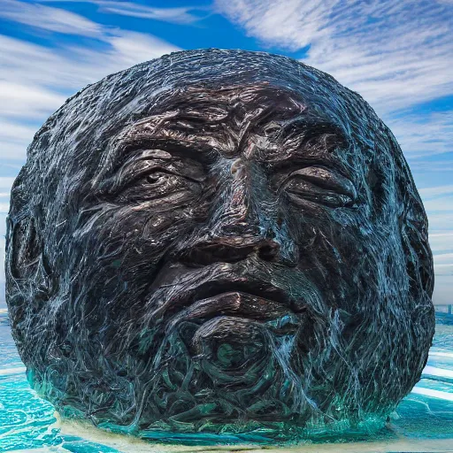 Image similar to a giant benjamin netanyahu sculpture made out of jelly, in the sea, long shot, hyper detailed, hyper realistic, ray tracing, 8 k resolution, sharp focus, realistic water, award winning