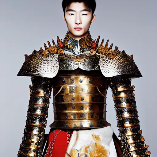 Prompt: a portrait of a beautiful young korean male wearing an alexander mcqueen armor , photographed by andrew thomas huang, artistic