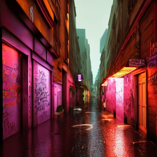 Image similar to photo realistic lively alley in paris at night after rain storm with warm glowing lamps and graffiti on walls with a woman in a pink bikini walking her large purple dog noir goddess, character design, dark fantasy, photo realistic, unreal engine, terrifying ambience, smooth lighting, cinematic lighting, masterpiece, ultra detailed, hyper realistic, octane render, 8 k, photo - realistic