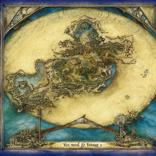 Prompt: simple fantasy map, the land of Odrua, several continents arranged in an arc, world of Lute, by JRR Tolkien and Brian Froud, Vatican Map Room, fantasy concept painting, Magic The Gathering Art, trending on art station, oceans, continents