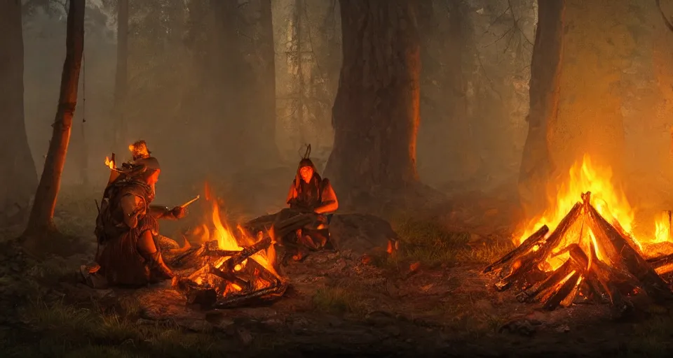 Image similar to an epic fantasy adventurer's tent left alone with a smoldering camp fire, 4 k, extremely detailed. award winning, trending on artstation, 8 k, ultra wide angle