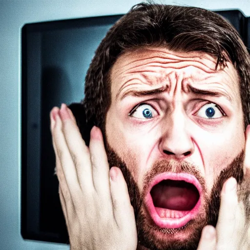 Image similar to A photo of a scared man in front of a computer, realistic, stock photo