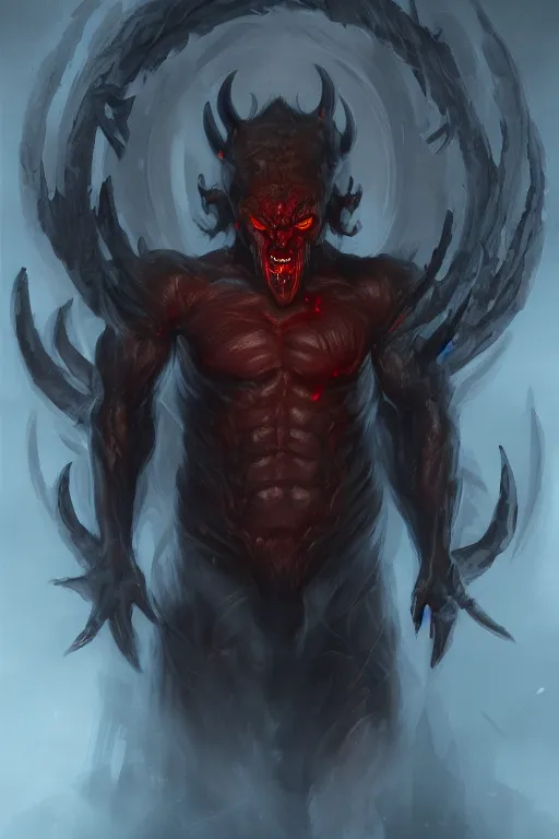 Image similar to portrait of male demon from hell, full body shot, visually stunning, trending on artstation, cgsociety, artgerm