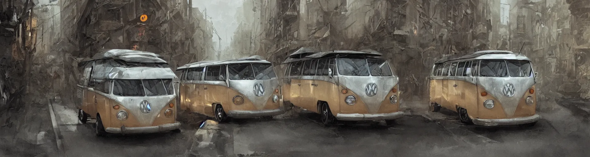 Image similar to vw bus on a street, illustration by greg rutkowski