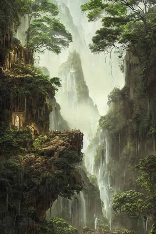 Prompt: carved into the Rock a citadel-temple , gnarly trees, lush vegetation, forrest, a small stream runs beneath the waterfall, landscape, raphael lacoste, eddie mendoza, alex ross, concept art, matte painting, highly detailed, rule of thirds, dynamic lighting, cinematic, detailed, denoised, centerd