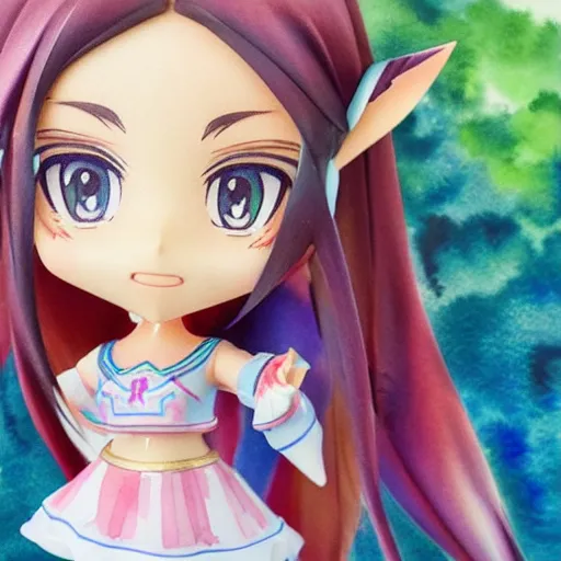 Image similar to beautiful water color portrait painting of face detailing cute girl in the style of nendoroid and Toon Zelda , anime style, close-up