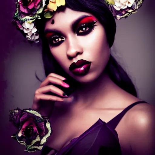 Image similar to portrait of a black woman inspired by Natalie Shau, Anna dittmann,flower crown, face gems, make up,cinematic