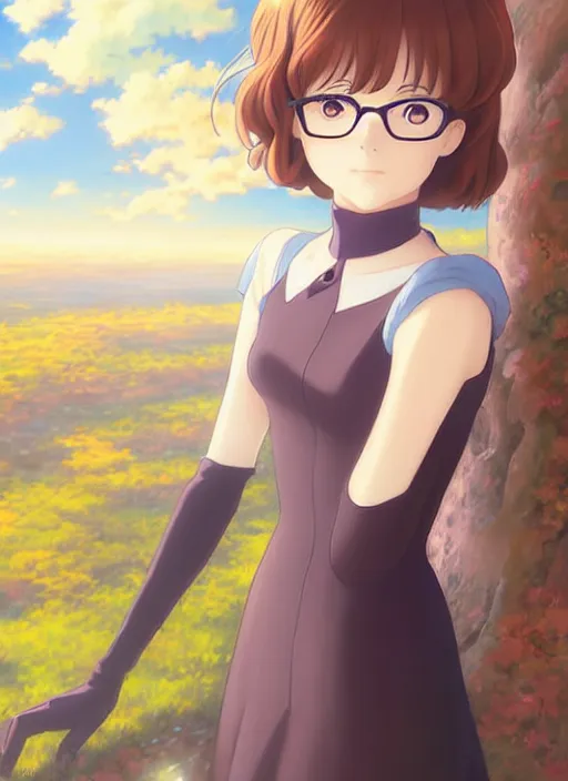Image similar to Painting of Velma Dinkley in the style of Violet Evergarden, beautiful anime art style, winged eyelashes, countryside, calm, fantasy character portrait, dark outlines, dynamic pose, above view, sunny day, artwork by Makoto Shinkai, very coherent asymmetrical artwork, sharp edges, perfect face, simple form, 100mm