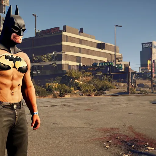 Image similar to trevor philips ( gta 5 ) as batman, town of sandy shores ( gta 5 ) in background. unreal engine 5, 4 k, high quality