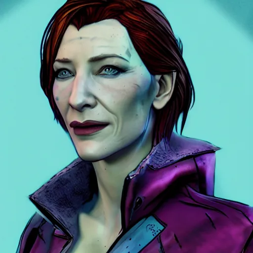 Image similar to cate blanchett portrait, borderlands, tales from the borderlands, the wolf among us, comic, cinematic lighting, studio quality, 8 k