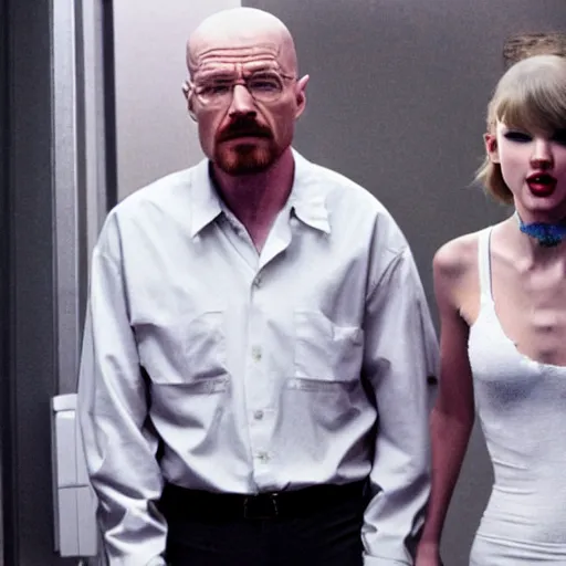 Prompt: walter white. carrying taylor swift into a derelict room.