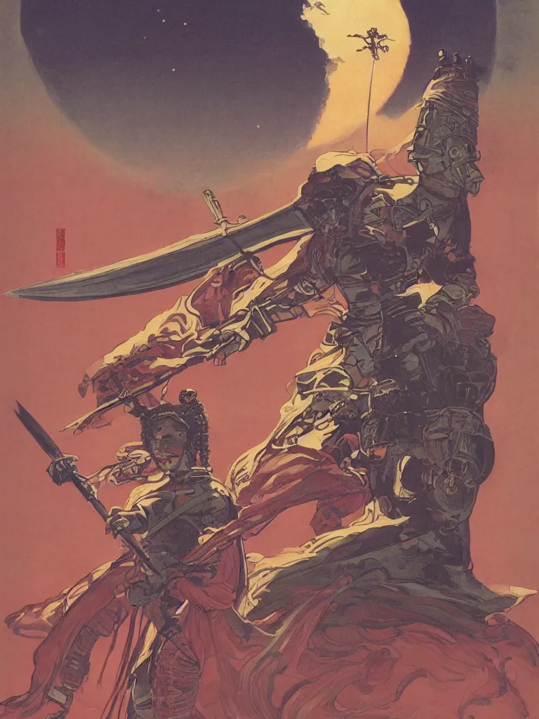 Image similar to on a strange vintage scifi planet, a samurai wizard warrior goddess with sword, vintage scifi poster, winslow homer, moebius, roger dean, artstation