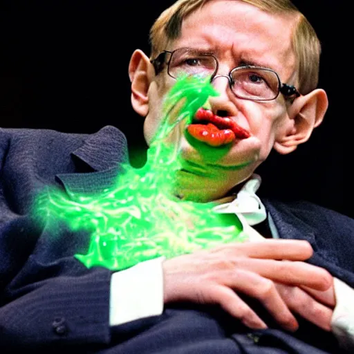 Prompt: stephen hawking spilling glowing goblin snot down his chin onto his suit