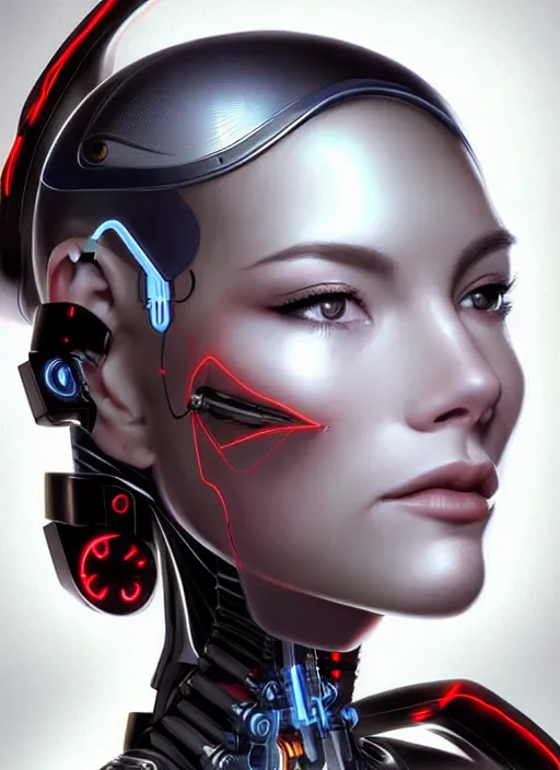 Image similar to portrait of a cyborg woman who turns her head to the ((((((right))))) left+4 (((((up))))) (((((down))))) by Artgerm,eyes closed , biomechanical, hyper detailled, trending on artstation