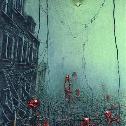 Image similar to horrific zombies chasing wires around a city, art by Beksinski