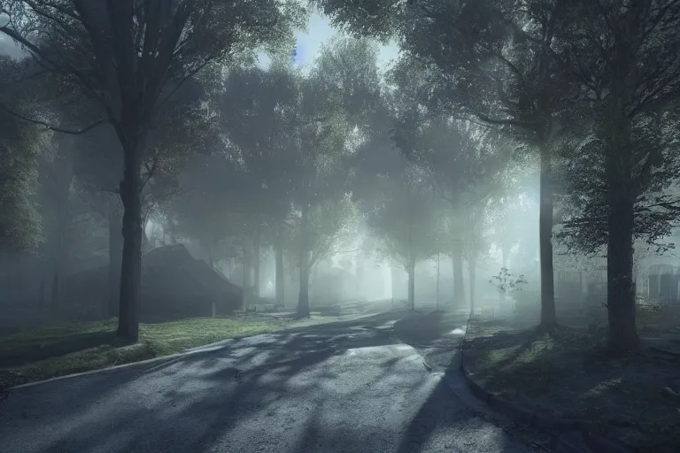 Image similar to street both sides lined with haunted houses, photo realistic octane render, volumetric lighting, magic fog, sunlight through the trees cinematic, hyperrealistic, fog, cinematic lighting, volumetric lighting, tranquillity, hyper detailed, enhanced hd, ultra view, 8 k