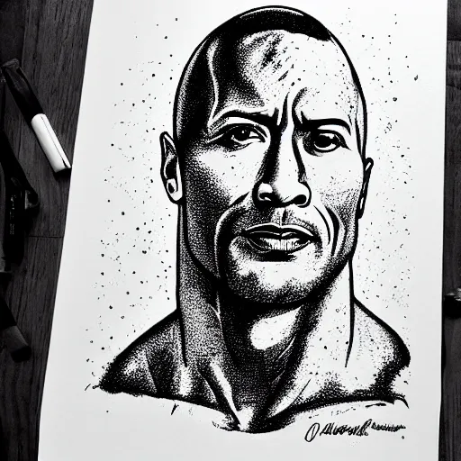 Image similar to dwayne johnson, pen and ink, stippling