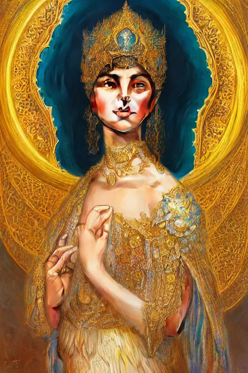 Prompt: Beautiful portrait of a Persian Princess who is an architect, beautiful princess, face painting, architecture, persian style architecture, dramatic lighting, intricate, wild, highly detailed, digital painting, artstation, concept art, smooth, sharp focus, illustration, gold+yellow+white+Turquoise, art by artgerm and greg rutkowski and alphonse mucha, footage from space camera