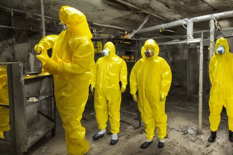 Prompt: a man in a yellow hazmat suit looks on helplessly as an inter-dimensional meat monster grows out of control in a creepy underground lab